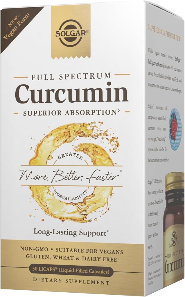 Solgar Full Spectrum Curcumin - 30 LiCaps - Üstün Abhidrasyon - Beyin, Ortak ve Immune Health - Vegan, Gluten Free, Non-GMO, Süt Free - 30 Hizmet