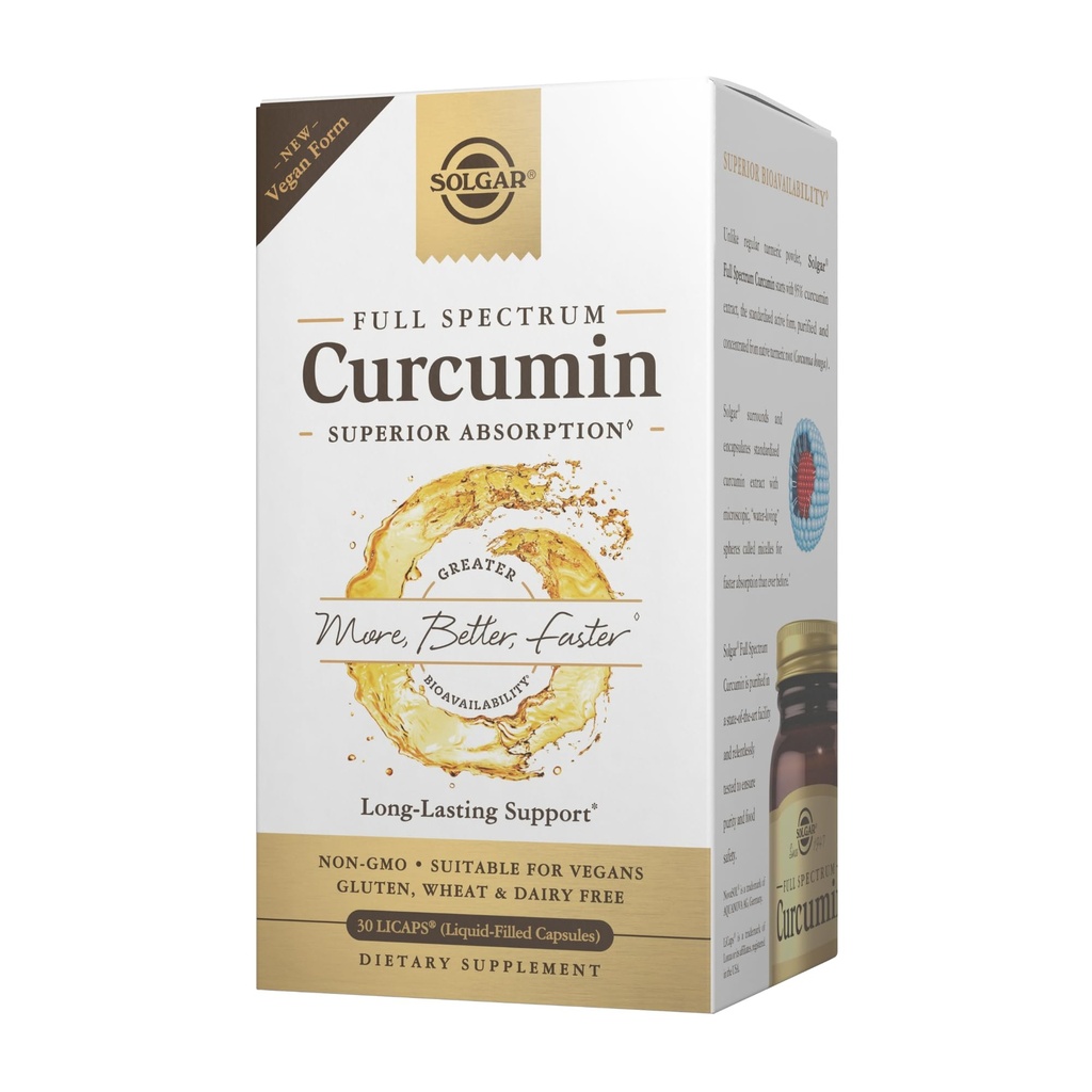 Solgar Full Spectrum Curcumin - 30 LiCaps - Üstün Abhidrasyon - Beyin, Ortak ve Immune Health - Vegan, Gluten Free, Non-GMO, Süt Free - 30 Hizmet