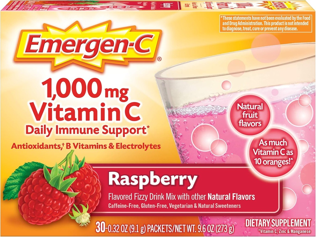Emergen-C 1000mg σκόνη βιταμίνης C, με αντιοξειδωτικά, βιταμίνες Β και ηλεκτρολύτες, συμπληρώματα ανοσίας για την υποστήριξη του ανοσοποιητικού, Caffeine Free Fizzy Drink Mix, Raspberry Flavor - 30 Count/1 Μήνας προσφοράς