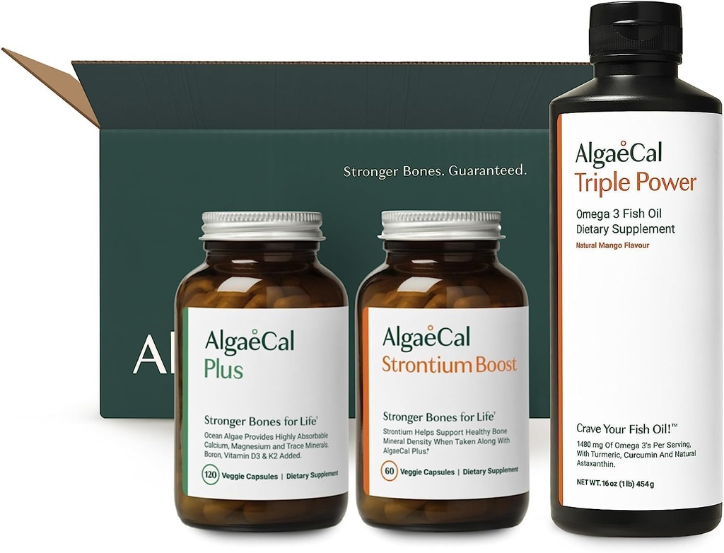 ALGAECAL Welcome Kit - Builder Pack, Plant Based Calcium Supplement & Strontium, 16 θρεπτικά συστατικά για την υγεία των οστών + EPA & DHA Omega 3 Fish Oil, Υποστήριξη εγκεφάλου, καρδιάς, δέρματος & οστών, Made in USA