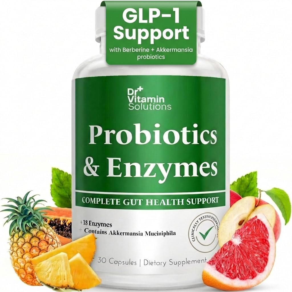 DR VITAMIN SOLUTIONS GLP-1 Support Enzymes, Pre & Probiyotiks for Digestive Health, Berberine Kilo Kayıp Desteği, Akkermansia Muciniphila for Women & Men | Gut Health, Bloating Relief, 30 Ct Health, Bloating Relief, 30 Ct Health