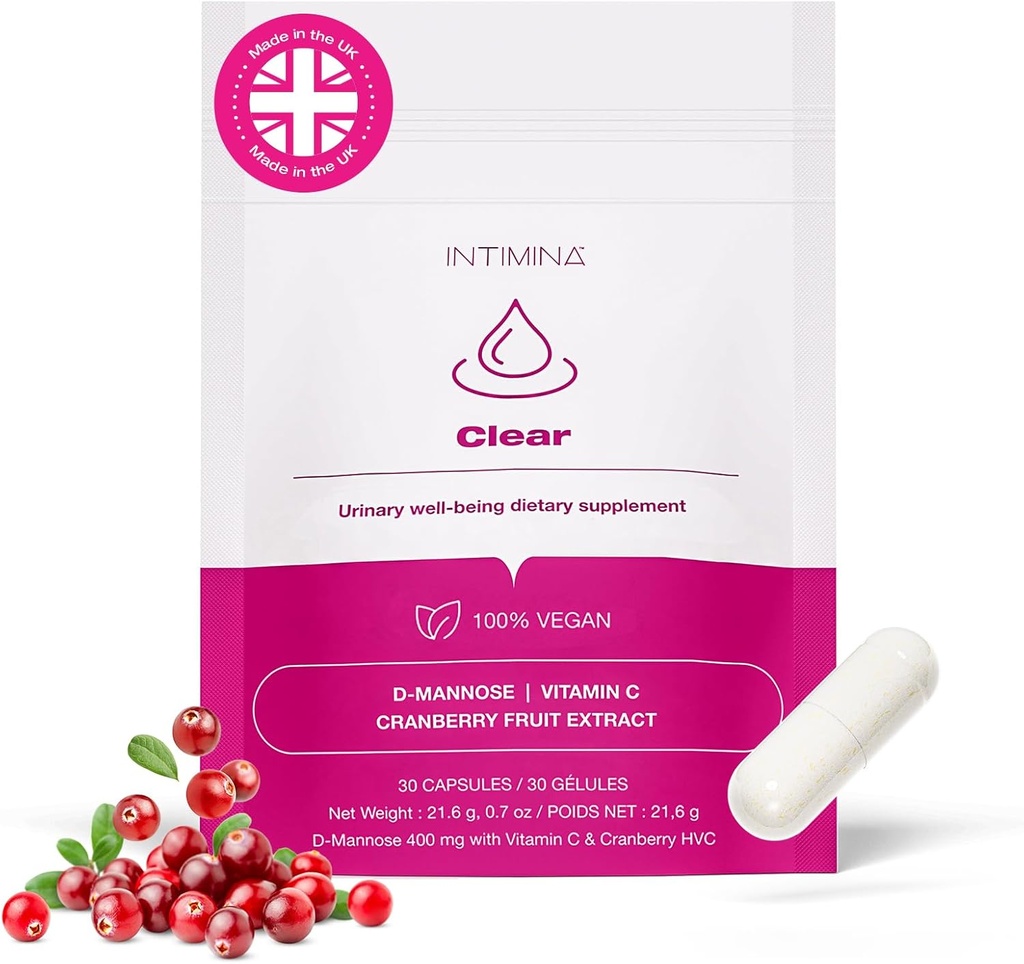 INTIMINA Clear - Women's Supplements for Urinary Health with Cranberry Extract, D-mannose & Vitamin C for UTI Prevention and Bladder Wellness, Bladder Control Supplements, Bladder Support for Women