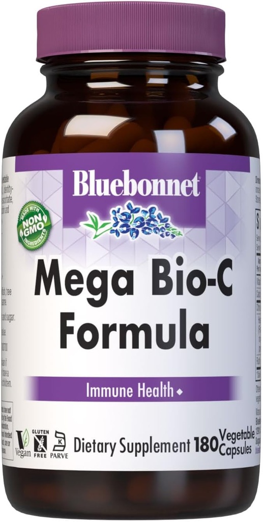 Bluebonnet Beslenme Mega Bio-C Formula Sebze Kapsülleri, Yüksek Potency Buffered Vitamin C, Immune Health, Soy Free, Gluten Free, Non-GMO, Kosher, Dairy Free, Vegan, 180 Kont