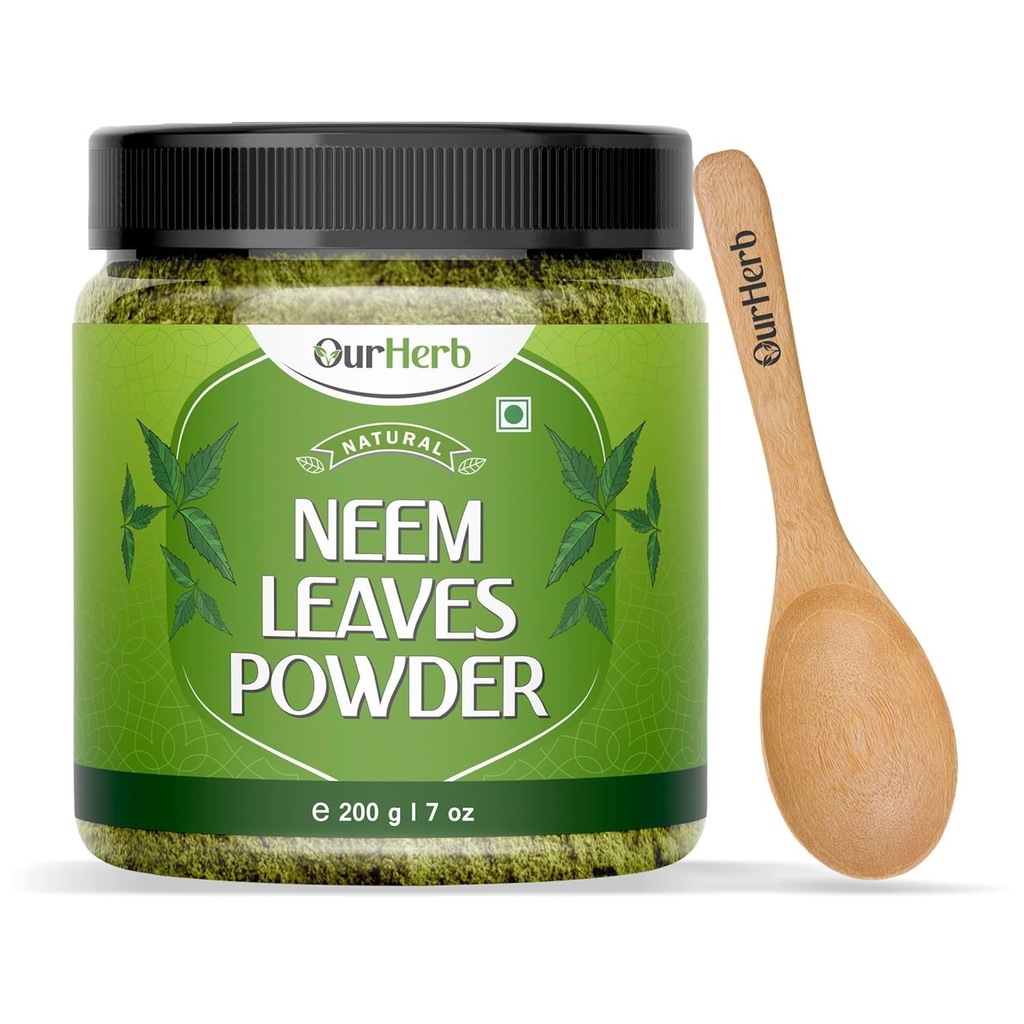 Pure Neem Toz Doğal Çözümü Pimple-Free Clear Skin & Silky Saç, Face Packs, Hair Care ve Pigmentation Support with Wooden Spoon - 200g | 7.04 Oz Oz