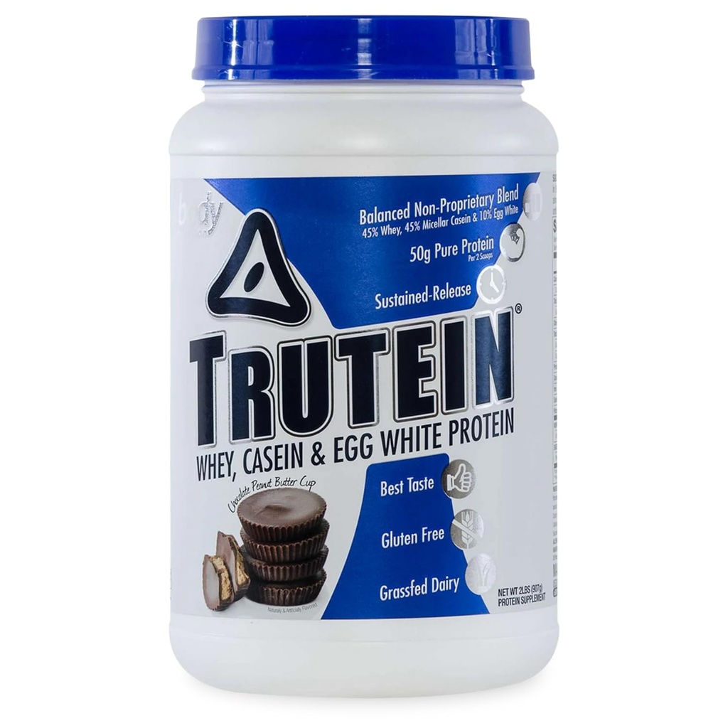 Vücut Beslenme Trutein Yüksek Protein Tozu:% 45 Whey,% 45 Casein,% 10 Egg White, Gluten-Free, Low sodyum, Grass Fed Whey Protein Toz, Gym Supplement & Breakfast Shake, Peanut Butter, 2lb