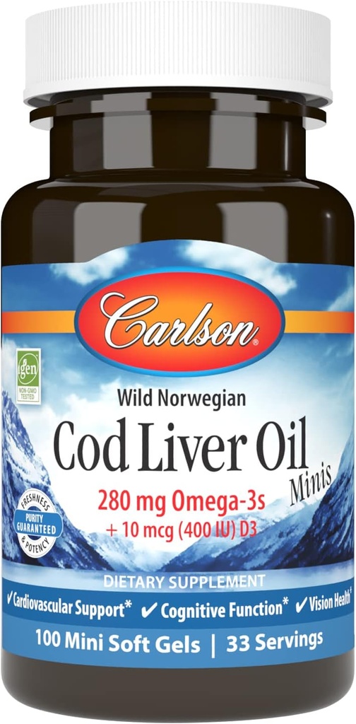 Carlson - Cod Liver Oil Minis, 280 mg Omega-3s + Vitamins A & D3, Kalp Desteği ve Bilişsel Fonksiyonlar, Vizyon Sağlık, 100 Mini Yumuşakgels