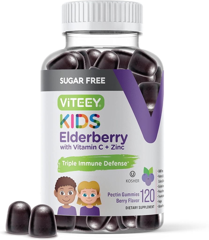 Viteey Sambucus Elderberry Gummies for Kids - Sugar Free - Immune Support Supplements with Vitamin C & Zinc, [3-1 Immune Booster] Vegan, Gelatin Free, Gluten Free - Tasty Chewable Berry Flavored