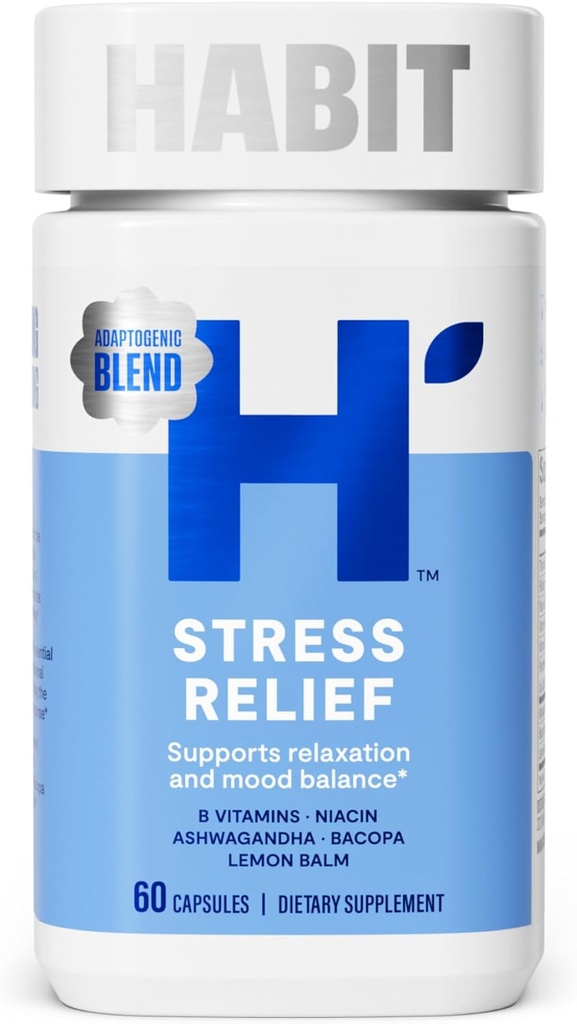 Habit Stres Yardım Supplement (60 Capsules) - Yeni Bak, Destekler Rahatlama ve Mood Balance, B, Adaptogens, Lemon Balm, Calming, Vegan, Non-GMO (1 Pack)