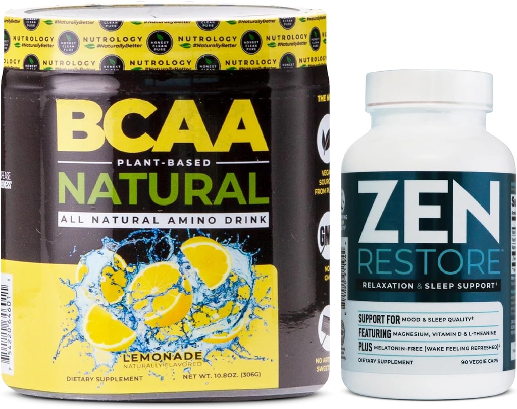 Nutrology Zen Natural Magnesium Supplement (30 services) & Nutrology BCAA Natural, Plant Based BCAA Powder, Lemonade Flavor (30 Services)