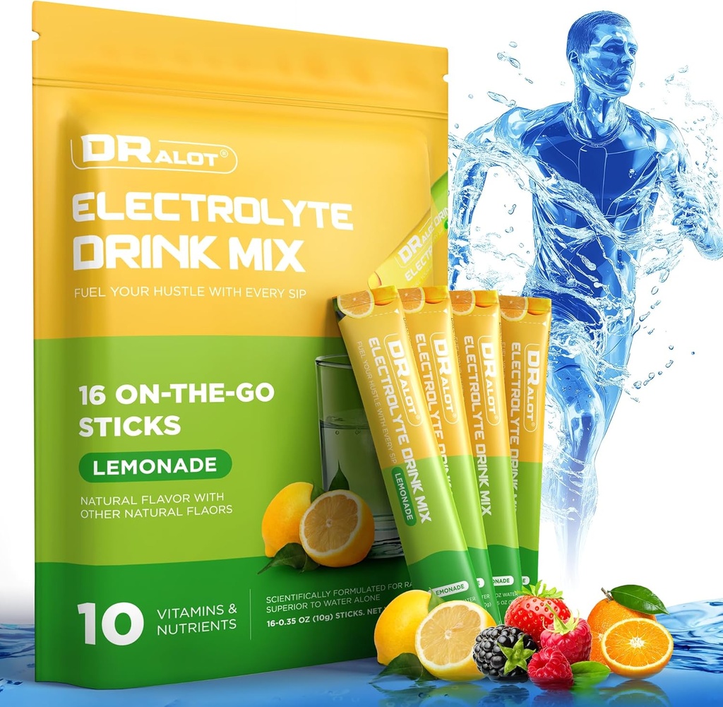Şeker Free Electrolytes Toz Doğal Flavors, 3X Hızlı Hydration Packets with 10 Electrolyte & Vitamins, Liquid Daily IV, Non-GMO, Gluten-Free, DW, Vegan, 16 Sticks, Lemon