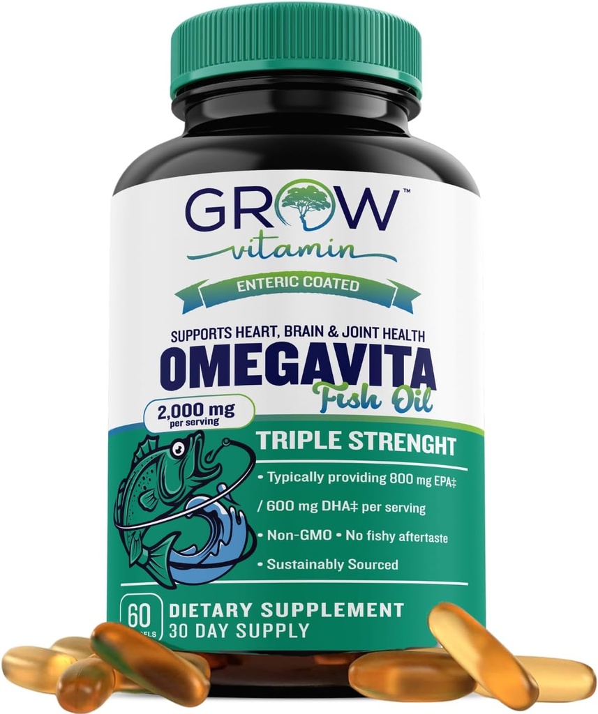 OmegaVita Fish Oil: 800 mg EPA 600 mg DHA Omega 3 Supplement for Heart, Brain & Immune Support, Absorbable Triple Strength Fish Oil Supplement - 2000 mg Per Service, 30 Day Supply
