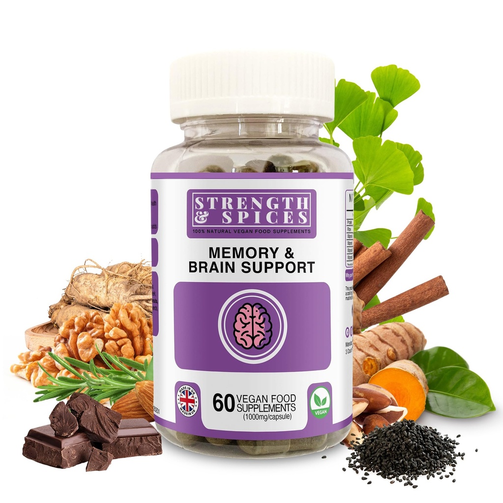 Power & Spices Memory ATM ve Focus Supplement with Ginkgo Biloba and 22 Super Materialss, Plant-Based Brain Supplement for Memory, Clarity, and Alertness, 1000 mg, 60 Capsules