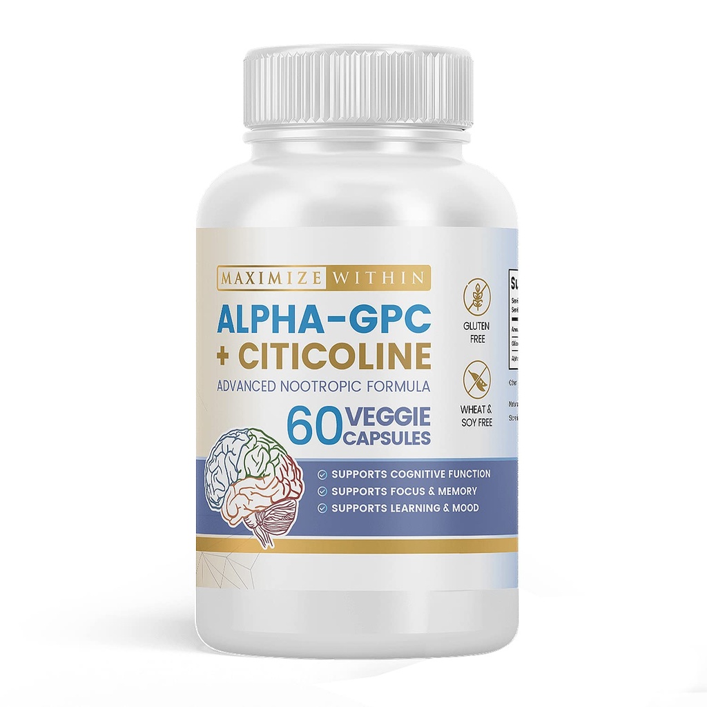 Alpha GPC + Citicoline 60 Ct, 1600 mg Yoğun Formula-% 99+ Yüksek Lisanslı & Bio kullanılabilir Nootropic-Cognitive Advancedr, Supports Memory, Brain Function, Boosts Focus, Mood & Energy