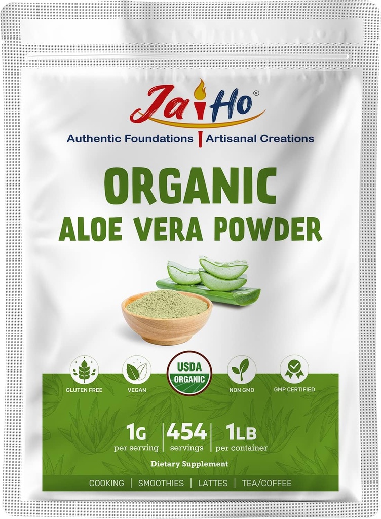 Jai Ho sertifikalı USDA Organik Aloe Vera Toz – 1 LB – Gluten-Free, Vegan, Non-GMO – Resealable Zip Lock Pouch