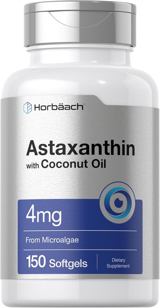 Horbäach Astaxanthin 4mg | 150 Softgels | Microalgae | Coconut Oil | Non-GMO, Gluten, Soy Free