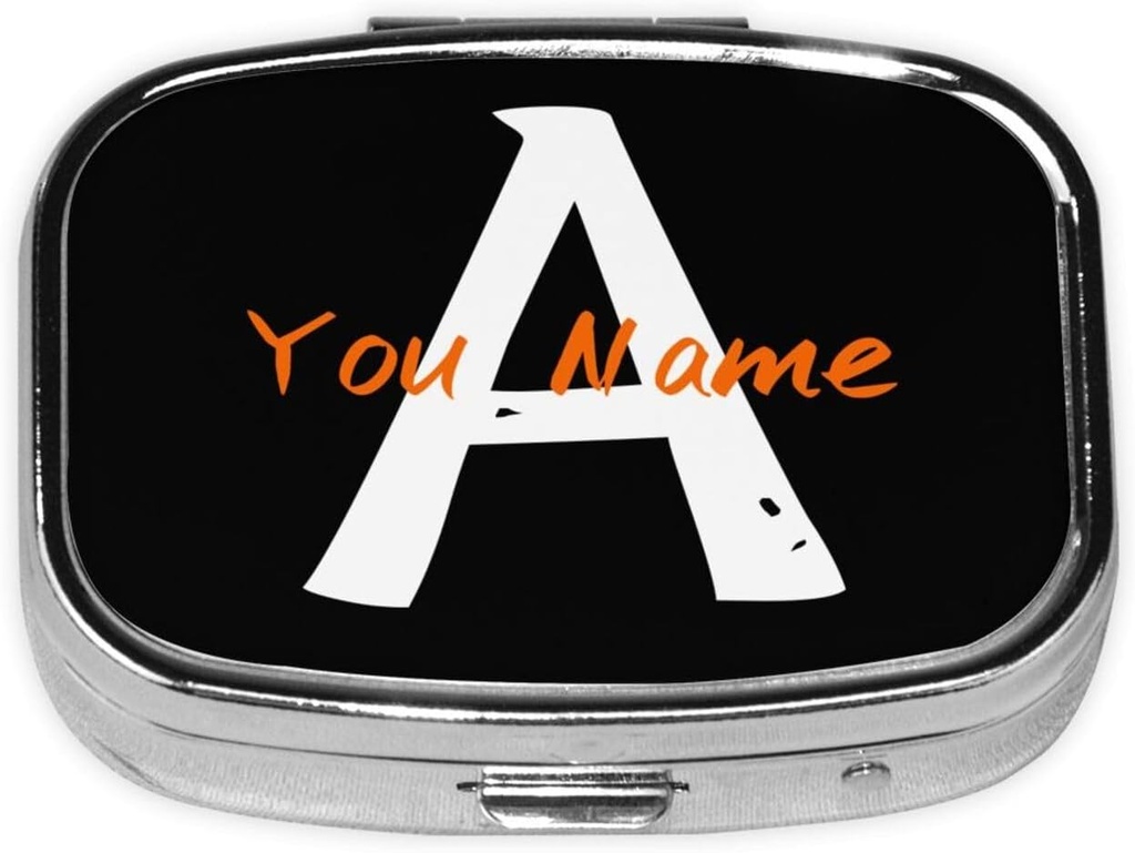 Custom Square Pill Box with Mirror Personalized Photo Text Logo Name Travel Small Pill Case 2 Compartment Customized Portable Metal Medicine Container Vitamin Organizer for Pocket Purse (Name)