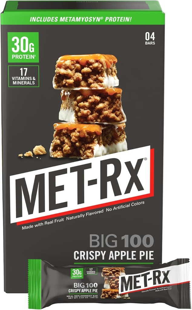 MET-Rx Big 100 Colossal Protein Bars, Crispy Apple Pie Meal Change Bars, 4 Count