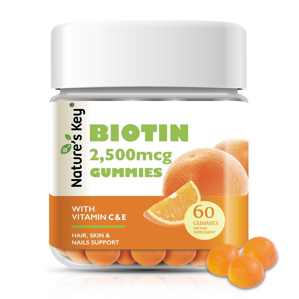 Nature's Key Biotin Gummies with Vitamin C and E, Support Hair Nails Growth & Beautiful Skin for Women Men and Kids, Vegan, Orange Flavors Count 60