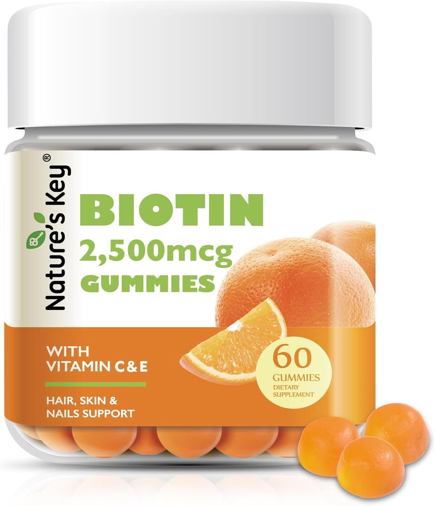 Nature's Key Biotin Gummies with Vitamin C and E, Support Hair Nails Growth & Beautiful Skin for Women Men and Kids, Vegan, Orange Flavors Count 60
