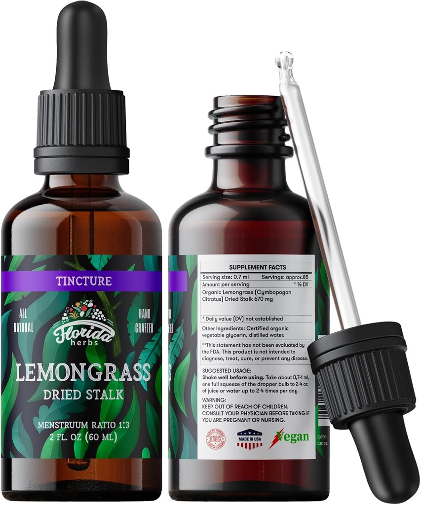Limongrasss Tincture, Organik Limongrasss Ekstraksiyon (Cymbopogon Citratus) Herbal Supplement, Soğuk Olmayan Organik Sebze Glycerin, 700 mg, 2 oz (60 ml)