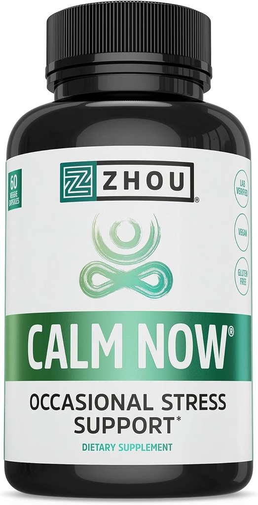 Zhou Calm Now - Συμπλήρωμα ηρεμίας, Ηρεμίες Βιταμίνες για γυναίκες & άνδρες, Χάπια για να χαλαρώσετε για ενήλικες με GABA & Ashwagandha, άγχος & υποστήριξη εστίασης - 60 κάψουλες λαχανικών