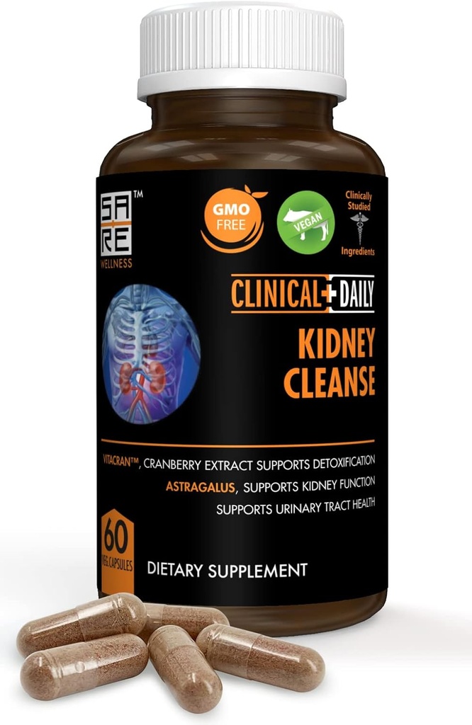 Klinik Günlük Herbal Kidney Cleanse Detox Supplement, Cranberry, Astragalus, Uva Ursi Pills for Bladder Health for Women & Men- 60 Vegan Capsules