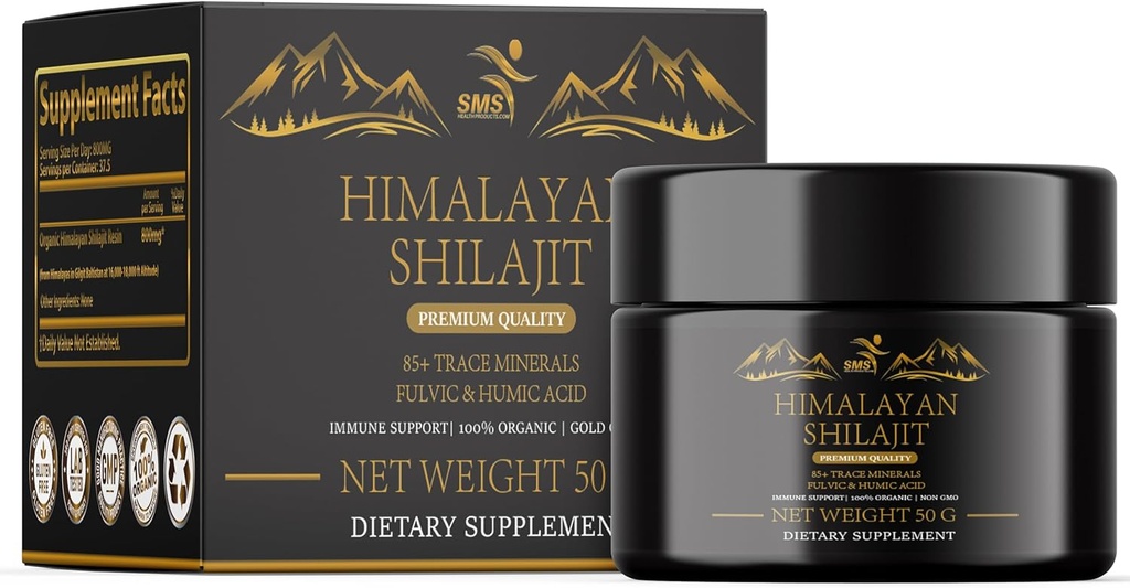 Shilajit Pure Himalayan Shilajit Giyim - Altın Sınıf %100 Pure Shilajit with Fulvic Acid & 85+ Trace Minerals Kompleksi & Immune Support - 50g