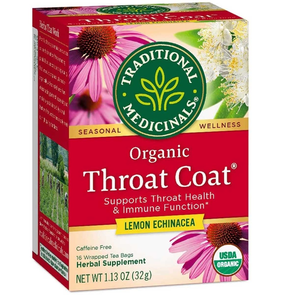 Geleneksel Medicinals Organik Throat Coat Lemon Echinacea Herbal Tea, Supports Throat Health (16 Count (Pack of 2))