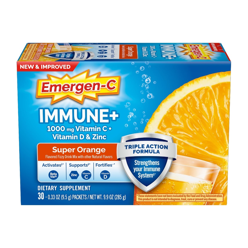 Emergen-C Immune+ Triple Action Immune Support Toz, BetaVia (R), 1000 mg C, B Vitaminleri, Vitamin D ve Antioksis, Super Orange, Back to School Essentials - 30 Count