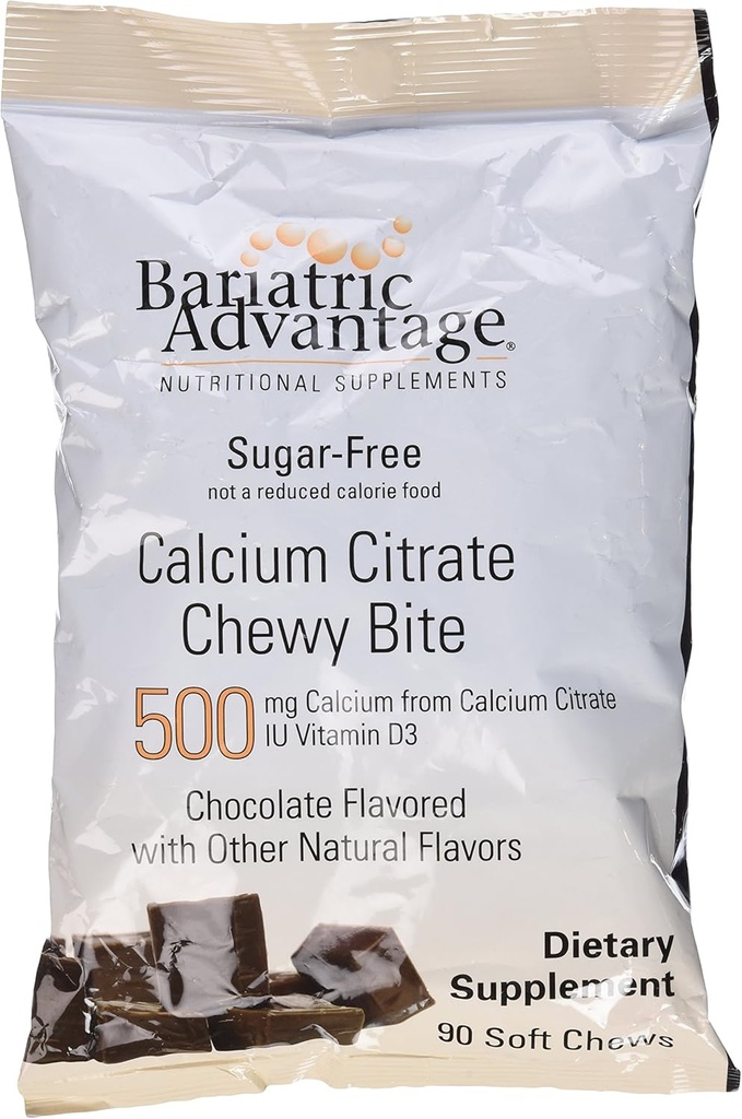 Bariatrik Avantajı Gıda Citrate Chewy, Bariatrik Cerrahi Hastaları için D3 vitamini ile 500 mg Vitamin D3 Vitamini Aşılama ve Kol Gaztrektomi, Sugar Free - Chocolate Flavor, 90 Count