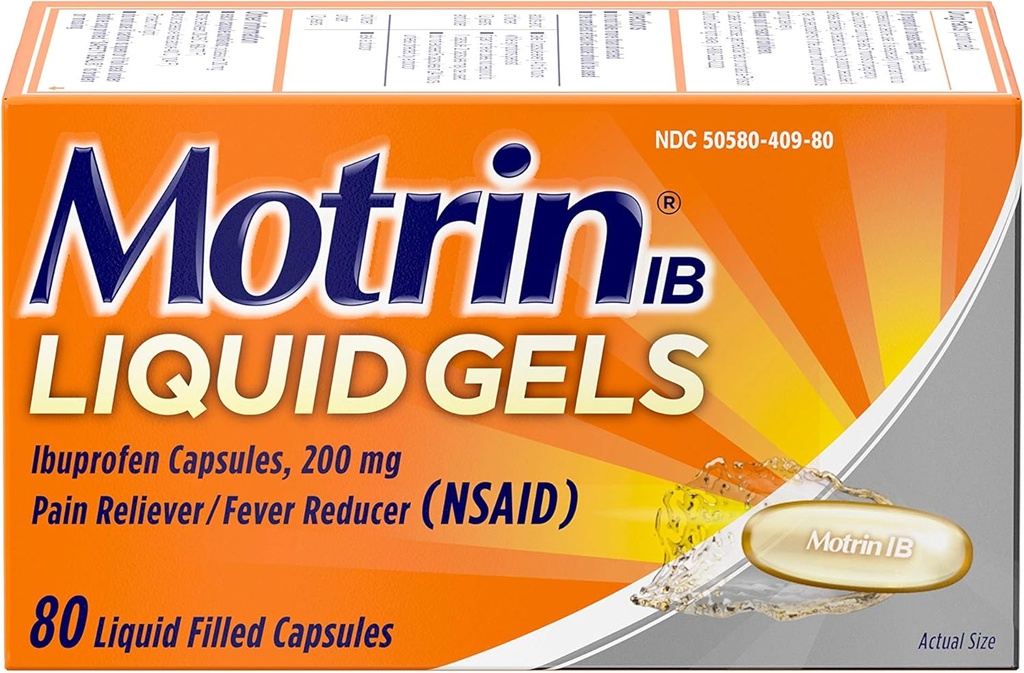 Motrin IB 200mg Ibuprofen Liquid Gel Pain Reliever/ Μειωτής Πυρετού για Aches & Pain, 80 ct