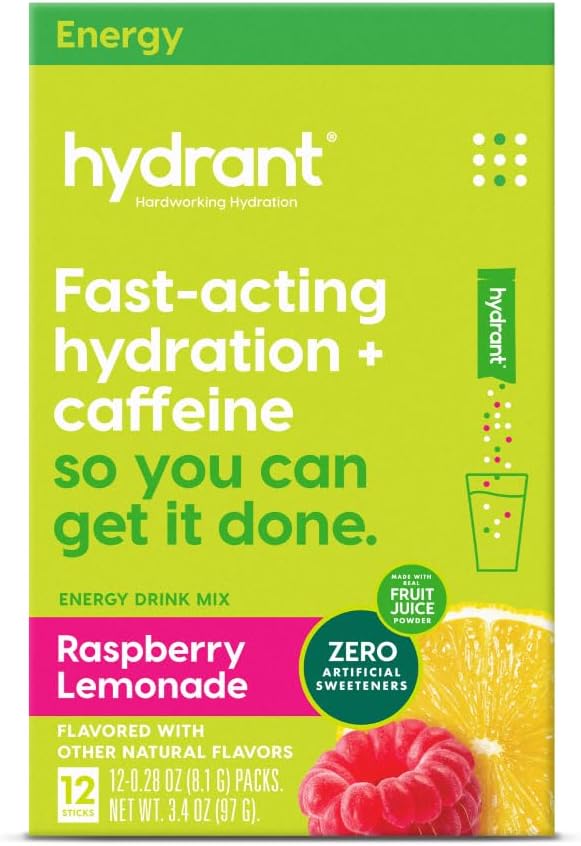 Hydrant - Enerji Elektrolyte Toz, Raspberry Lemonade Flavor, 12 Caffeine & L-Theanine Energy Rehidr Packs - Low Sugar Energating Toz for Daily Use