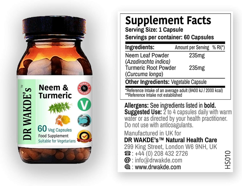 DR WAKDE'nin Neem & Turmeric Capsules | 60 Veg Caps | Ayurvedic Supplement | Vegan | 100% Herbal | Sayı indirimleri | Aynı Gün Dispatch