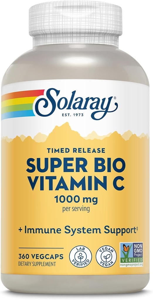 SOLARAY Super Bio Buffered Vitamin C 1000 mg, Two-Stage, Timed Release C with Bioflavonoids, Immune Support Supplement - High Abxia, Vegan, 60 Day Garanti, 180 Hizmet, 360 VegCaps 180