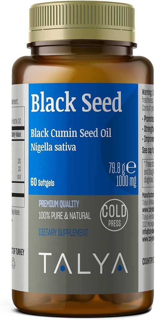 TALYA Black Seed Oil Softgel ile High Thymoquinone - Immune Support - Digestive Health - Beyin Fonksiyonu - Ortak Hareketlilik - Non-GMO Türk Siyah Cumin Nigella Sativa Tohumları