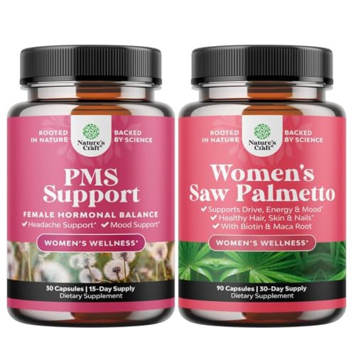 PMS Support and Saw Palmetto for Women - DIM, Chasteberry, Black Cohosh & Ashwagandha for Period Cramps, Bloating, Mood Swing and Saw Palmetto Extract with Maca Root & Biotin