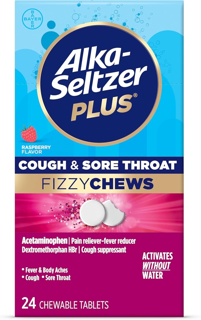 Alka-seltzer Plus Βήχας & πονόλαιμος λαιμός Μάσημα, Δεν χρειάζεται νερό, On The Go Sore Lroat Relief for Adults, Raspberry Flavor, 24 Count