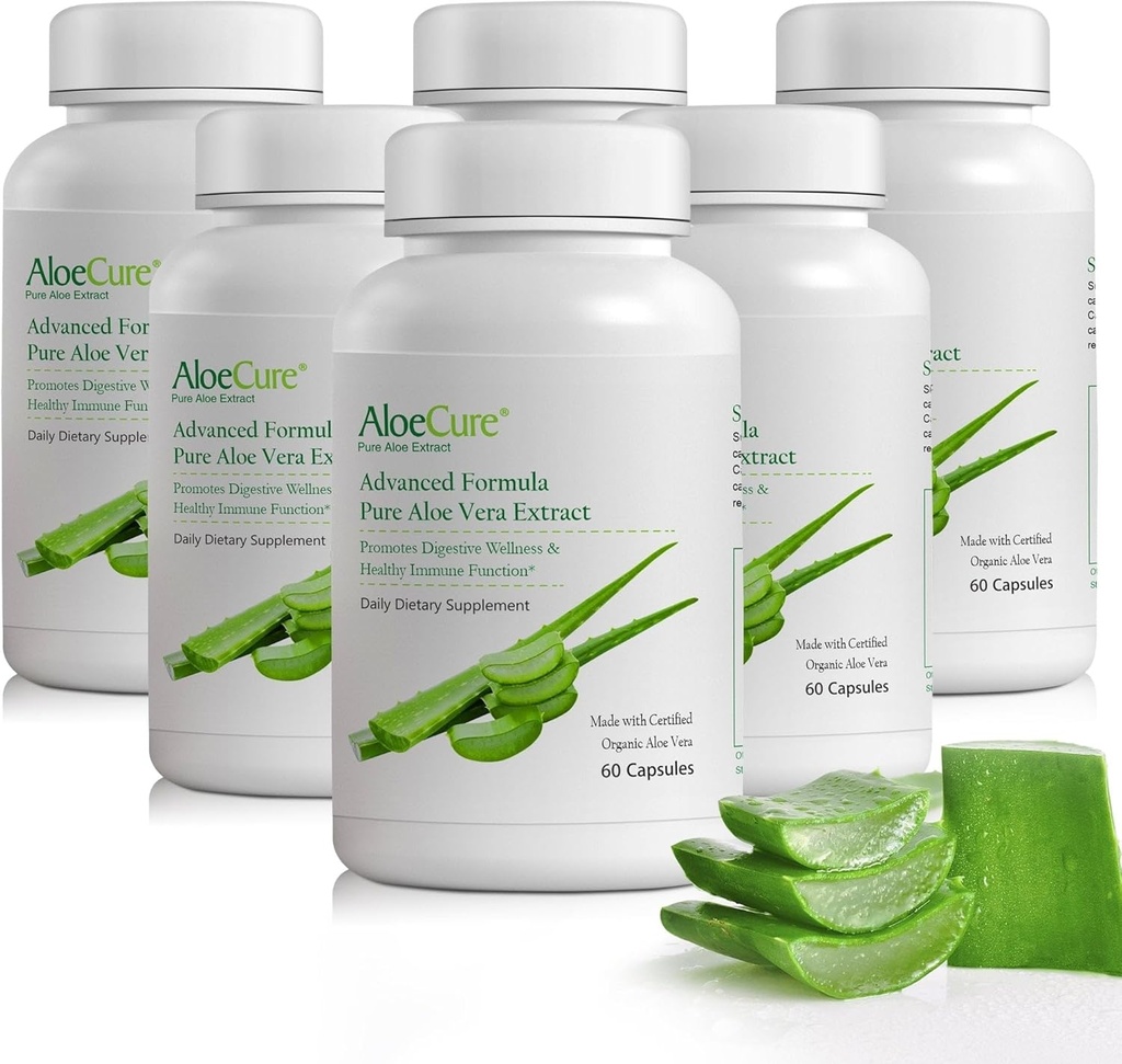 AloeCure Βιολογικές κάψουλες αλόης Vera, 130.000mg Εσωτερικό φύλλο αλόης Εξοπλισμένο ανά υπηρεσία, Υποστηρίξτε την Υγεία & Πεπτικό Άνεση, Στομάχι οξύ Buffer, Φυσικό συμπλήρωμα ανοσοποίησης, Αλόη Δωρεάν, 60 κάψουλες