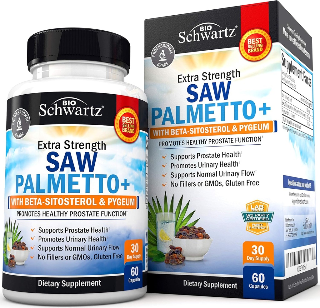 Pygeum Bark Extract ve Beta-Sitosterol ile Erkekler için Palmetto - Destekler Prostate Health and Health Prostate Function - Supports Urinary Health and Normal Urinary Flow - Non GMO Gluten Free 60 Ct