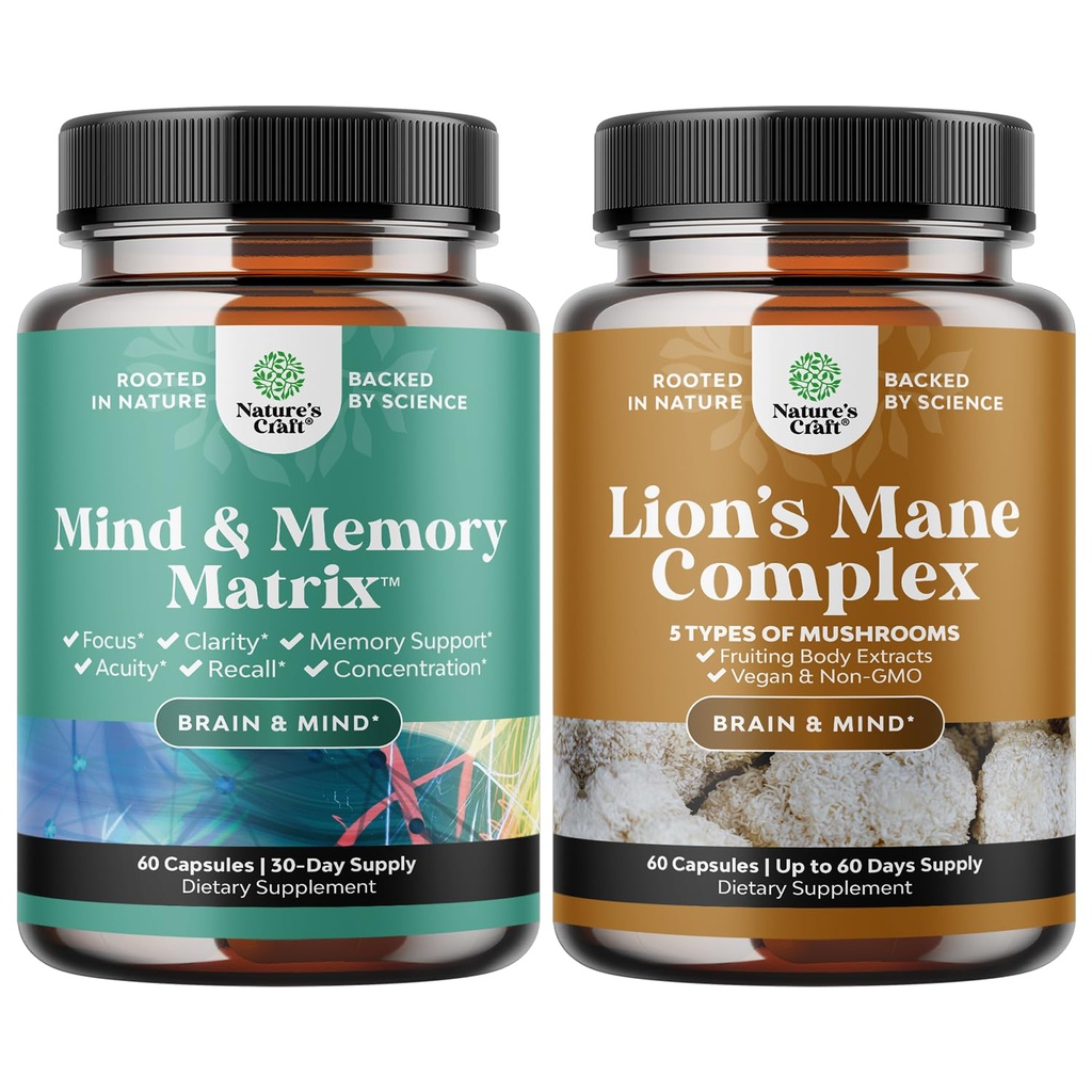 Δέσμη Advanced Nootropics Brain Support Supplement with Memory & Focus Vitamins and Advanced Lion's Mane Mushroom Supplement with Reishi, Chaga, Maitake & Shiitake for Memory Support & Focus