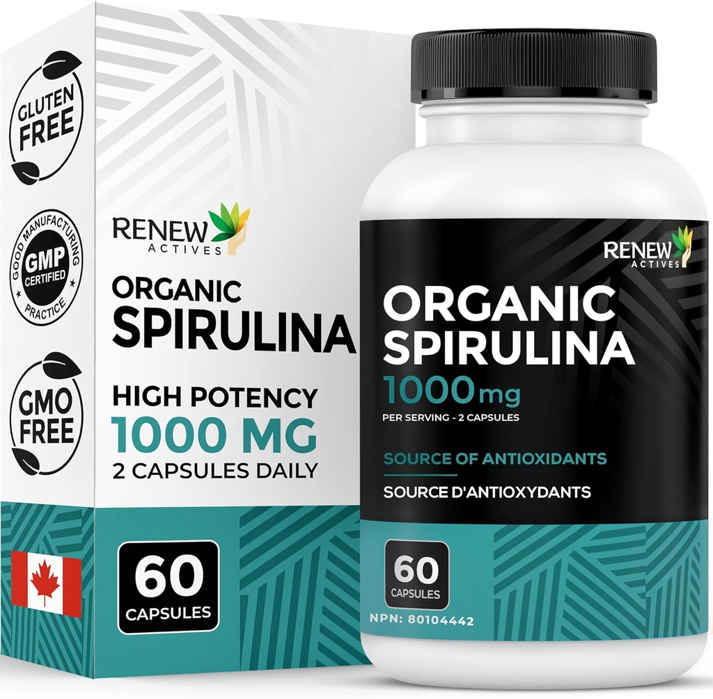 Yeni Actives Organik Spirulina 1000MG 2 Capsules - Erkekler ve Kadınlar için Superfood - Enerji, Wellness & Immune Function – Rich in Antioksis & Nutrients – Made in Canada – 60 Capsules