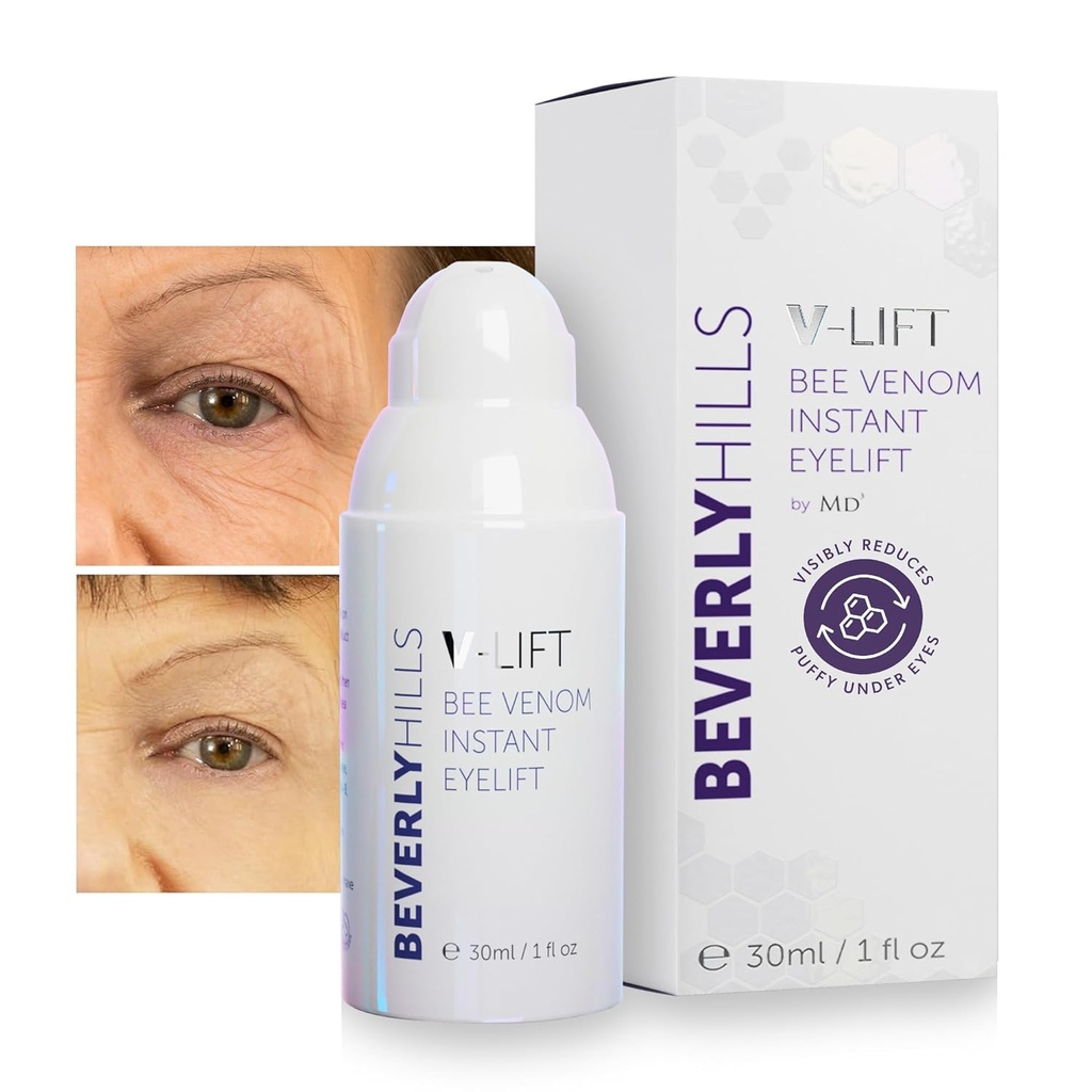 Beverly Hills V-Lift Instant Eye Lift ve Eye Tuck Bee Venom Serum for Puffy Eyes, Dark Circles, Wrinkles, and Under Eye Bag Treatment for Women and Men | 30mL (120 Day Supply)