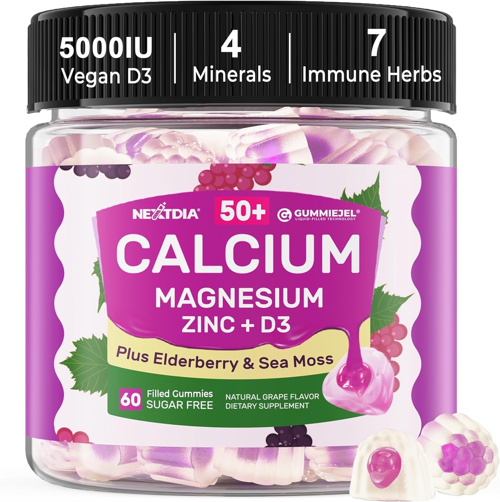 Kadınlar ve Erkekler için 50+, Kalsiyum Citrate 1000 mg Vitamin D3, Magnezyum, çinko, Elderberry, High Abxiadis Chews for Bone intense Muscle, Immune, Vegan 60cts