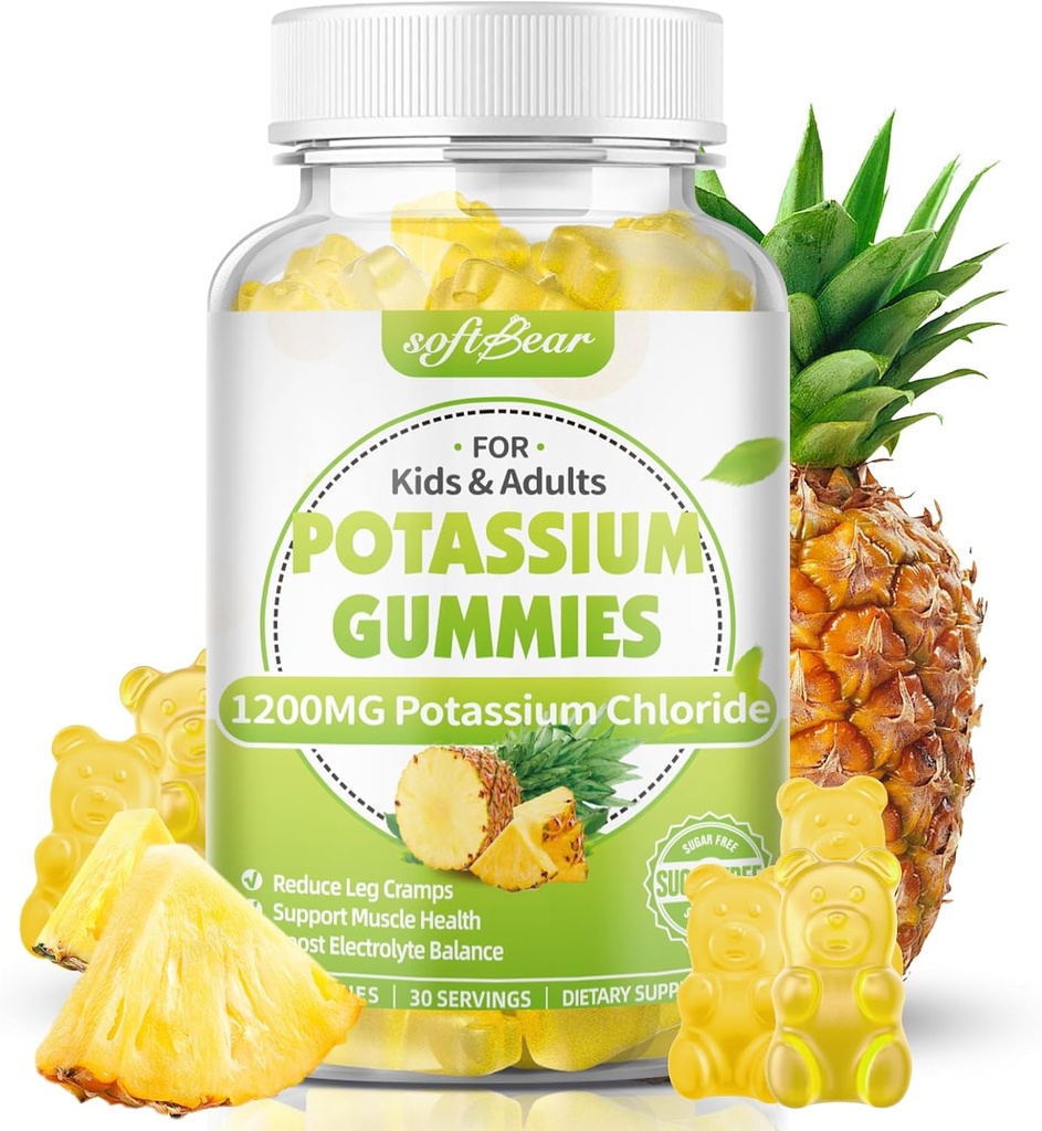 Γλυκοπάρουδο Χλωριούχο κάλιο Gummys 1200mg, Ζάχαρη χωρίς Κάλιο Gummies για ενήλικες Υποστηρίξτε τα πόδια Cramps υψηλής ισχύος Χλωριούχο κάλιο συμπλήρωμα, Ανανάς Γεύση 60 Count