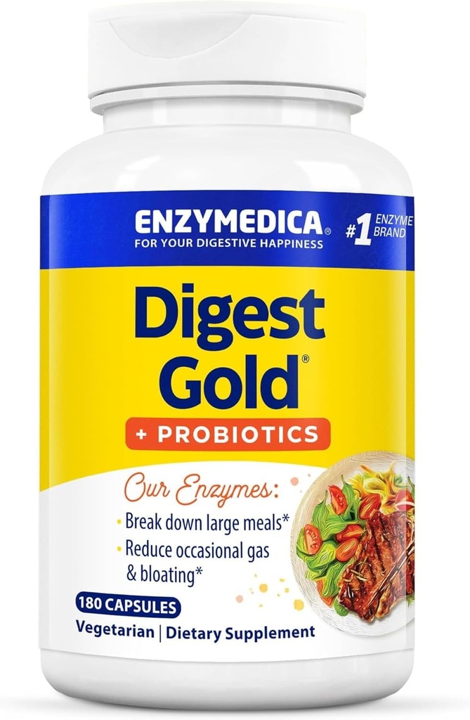 Enzymedica Digest Gold + Probiyotiks, 2in-1 Formula for Gut Health, Digestive Enzymes & Active Probiyotik Cultures, 180 Count Count