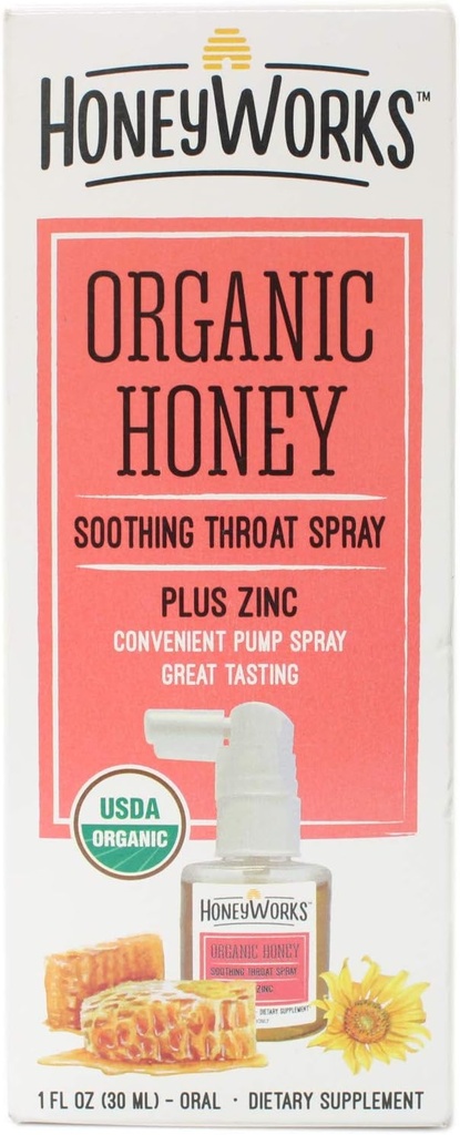 HoneyWorks Adult Throat Spray for Sore Throat Relief, 1 Oz, Soothing Non-GMO USDA Organic Dark Honey + çinko, Fast-Acting Relief, Ages 12 Years++++