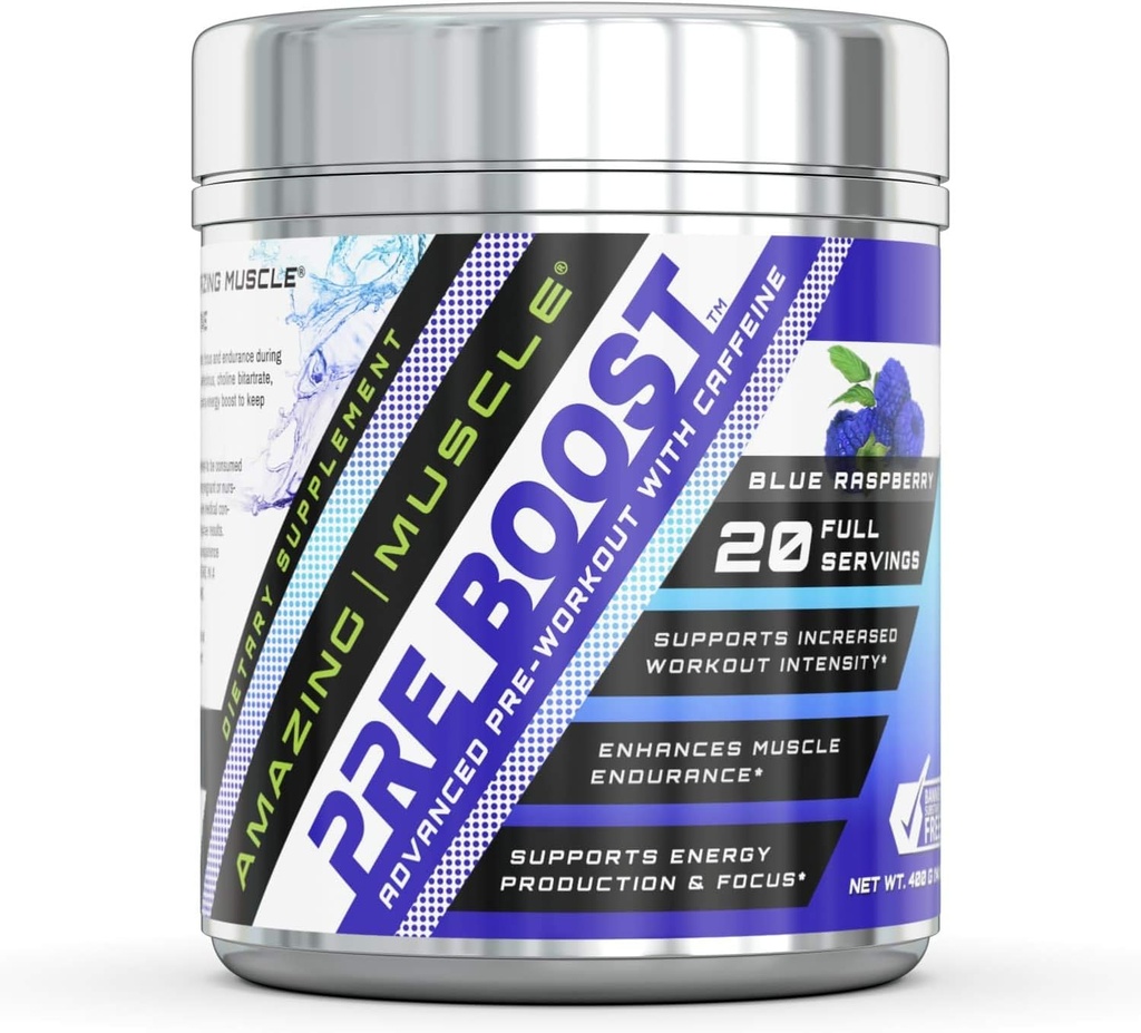 Amazing Muscle Pre Boost Formula ile Caffeine Supplement | 20 Servisler Per Konteyner | Blue Raspberry Flavor