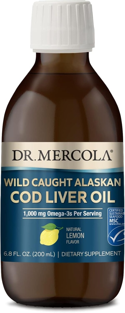 Dr. Mercola Wild Caught Alaskan Cod Liver Oil, 6.8 Fl. Oz. (200 mL), 40 Hizmet, 1000 mg Omega-3s, Diyetsel Tamam, Destekler Beyin ve Bilişsel Fonksiyonl, Non-GMO, MSC sertifikalı