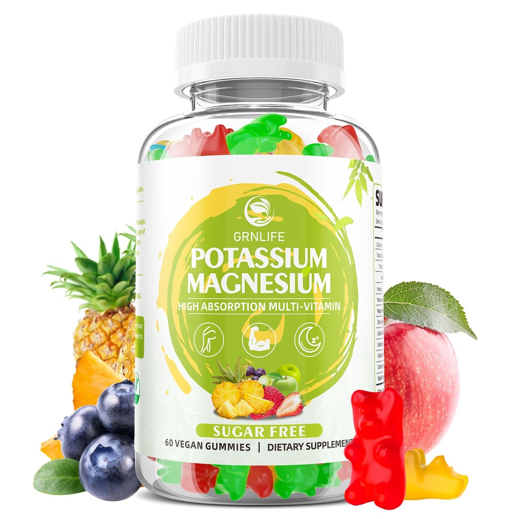 Συμπληρώματα Μαγνησίου Κάλιο Gummies, Κάλιο Gummies για Ενήλικες Παιδιά, Υψηλή Απορρόφηση Μαγνήσιο Γλυκινικό για Κνήμες Πόδι & Ανοσολογική Υγεία, Χωρίς ζάχαρη, Vegan Μικτές Γεύσεις, 60 Count