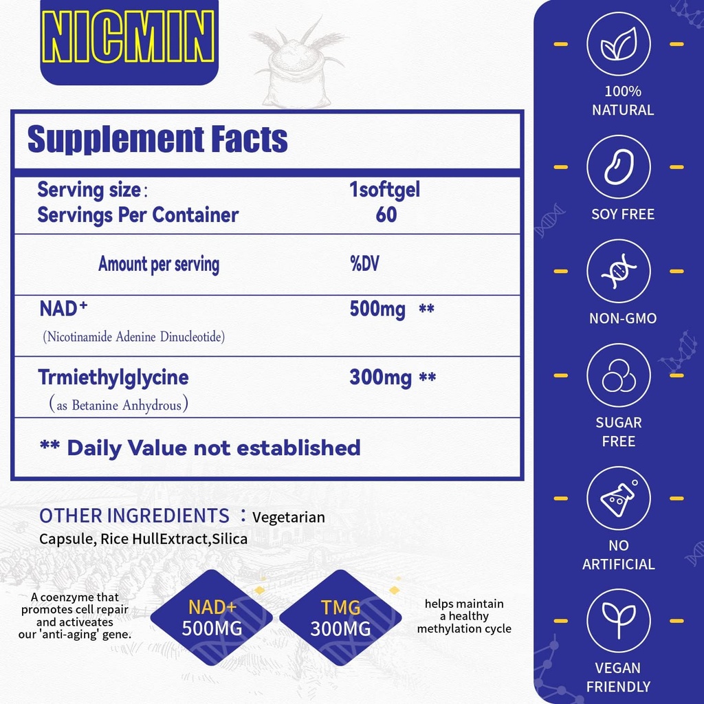 Liposomal NAD+ Supplement 800mg with TMG 300mg, Max Absorption Actual NAD+ Supplement（Not a Precursor for Cell Energy, Healthy Aging and Muscle Repair 60 Capsules
